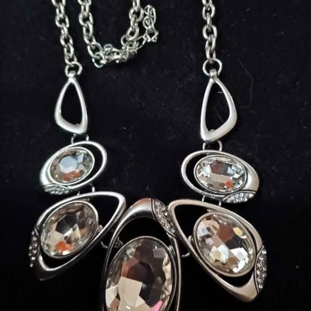 Silver Tone Oval Crystal Statement Necklace